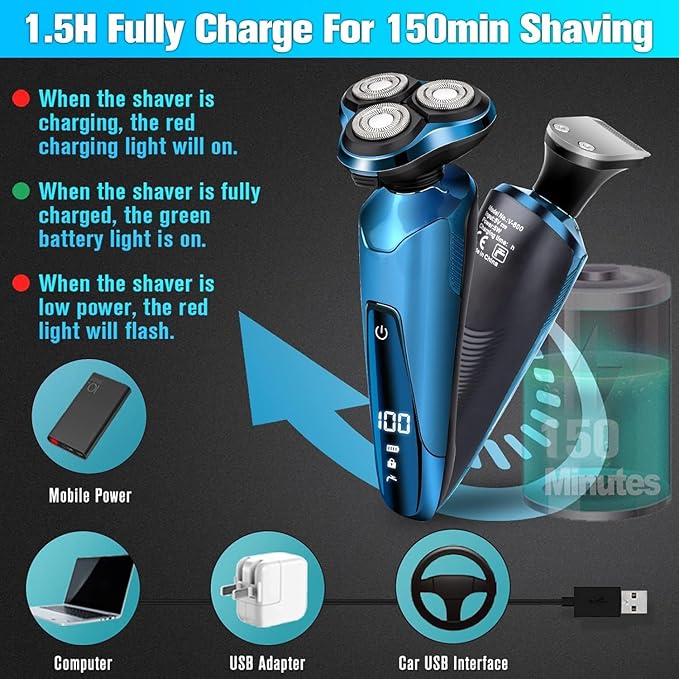 Mens Electric Shaver, 4D Floating Head High-Speed Motor IPX7 Waterproof, Fast Charging Cordless Electric Razor with Pop-Up Trimmer & Replaceable Blades