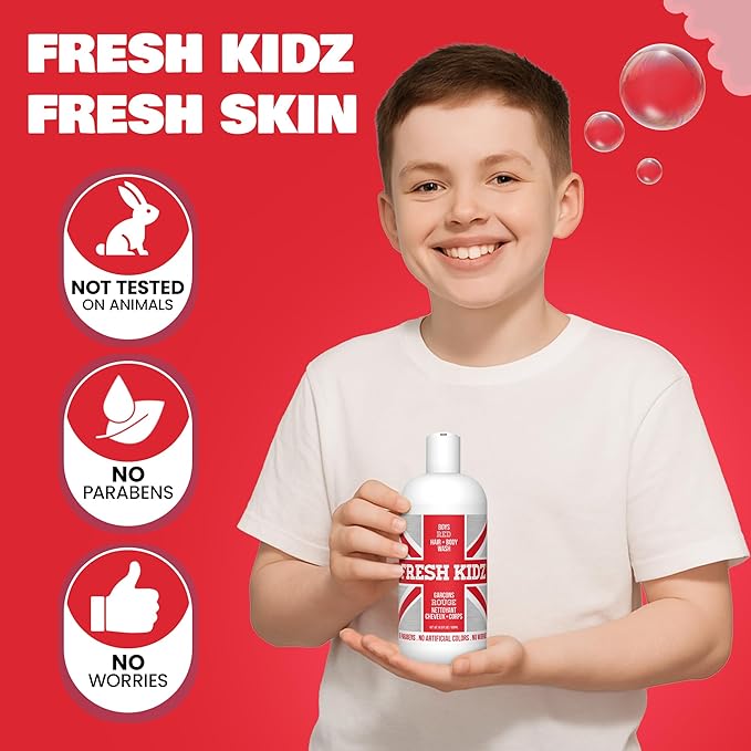 Fresh Kidz Hair & Body Wash for Kids and Teens - Gentle Bath and Shower Cleanser for All Skin Types - Boys Red, 16.9 fl.oz.