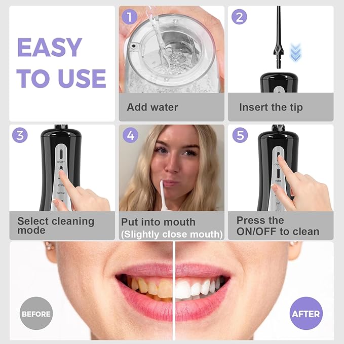 350ML Water Dental Flosser Teeth Pick with Stand Convenient Storage, 5 Modes Portable Cordless Oral Irrigator, Electric Rechargeable IPX7 Waterproof for Home Travel Teeth Cleaning(Black)