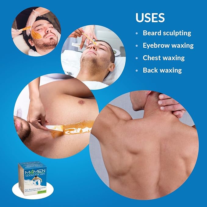 MOOM Men's Hair Removal Waxing Strips, 48 Count, 36 Body + 12 Face Strips, Reusable Polycotton