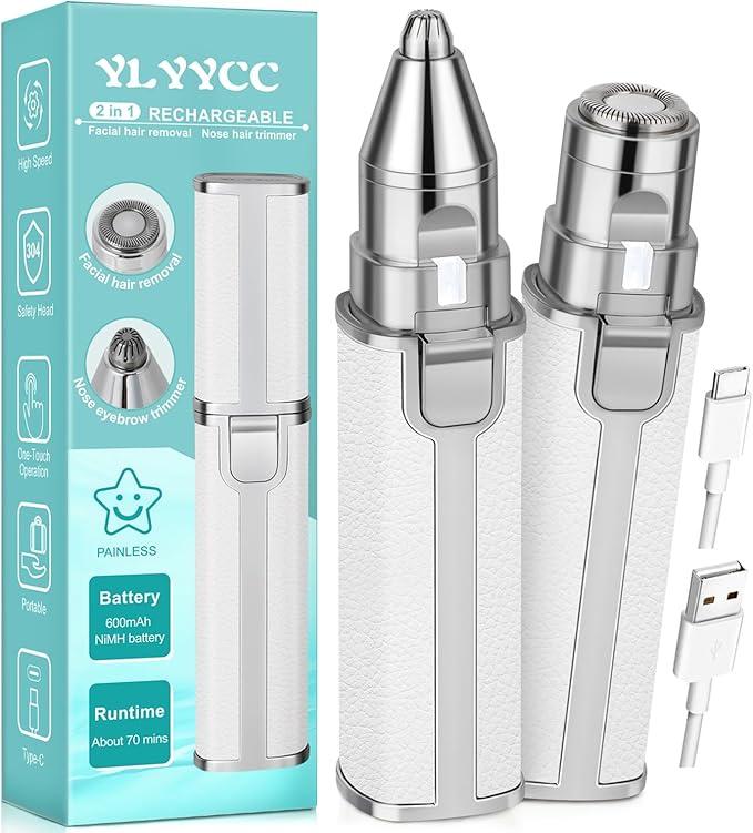 Facial Hair Removal for Women: 2-in-1 Rechargeable Nose Hair & Eyebrow Trimmer, Face Shaver with Built-in LED Light for Removing Chin, Upper and Lower Lip Area Peach Fuzz