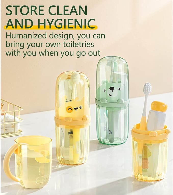 Cute Portable Toothbrush Holder Plastic Toothbrush Travel Case for Kids with Detachable Handle Multifuction Toothbrushes Toothpaste Storage Box Set for Camping Travel or Daily Use (Yellow)