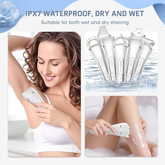 7-in-1 Bikini Trimmer for Women - Painless Electric Razors for Silk Skin, Body Hair Trimmer for Face Legs Underarms, Waterproof Wet & Dry Rechargeable Lady Shaver with USB Dock, IPX7, White