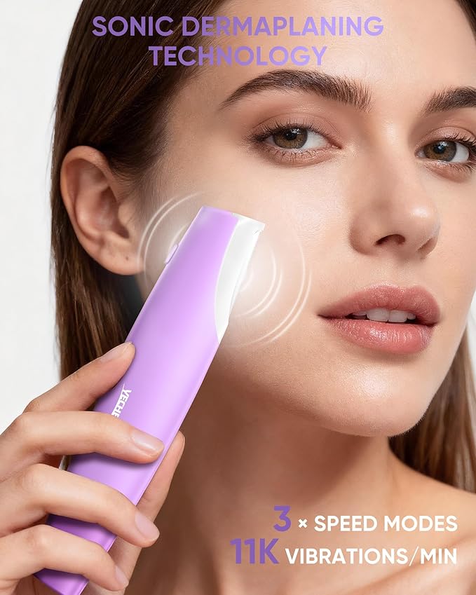 Dermaplane Razor for Women Face, Sonic Dermaplaning Tool for Smooth & Flawless Skin, Dead Skin & Peach Fuzz Gentle Remover, Electric Facial Hair Removal with LED Light&8 Refill Blades, Purple