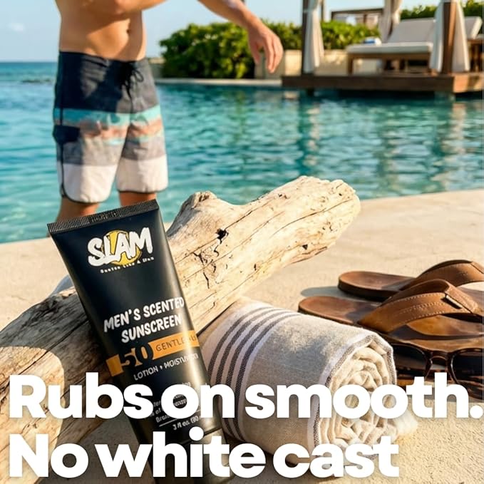 SLAM GentleMan Men's Sunscreen Lotion SPF 50 & Moisturizer – Face & Body Sunblock, Anti-Aging, Water-Resistant, Hawaii Act 104 Safe, Skincare for Men, Cologne Scented – 3 fl oz. each. Double pack.