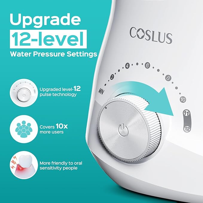 COSLUS E1 Electric Water Flosser for Teeth: Professional Dental Pick for Orthodontic, Sensitive Gums, Braces - 12 Pressure Settings & 5 Multi-Functional Tips for Multiple Users, Home Use, White