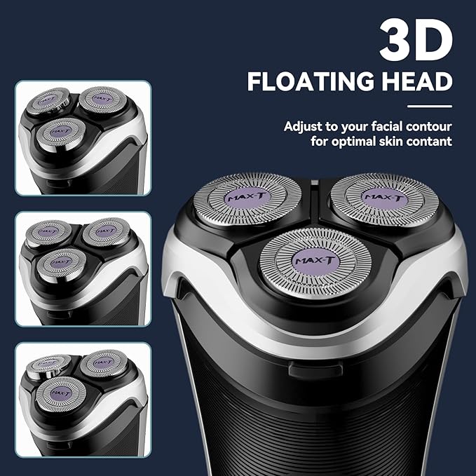 MAX-T Men's Electric Shaver - Corded and Cordless Rechargeable 3D Rotary Shaver Razor for Men with Pop-up Sideburn Trimmer Wet and Dry Painless 100-240V Black (Metal Black)