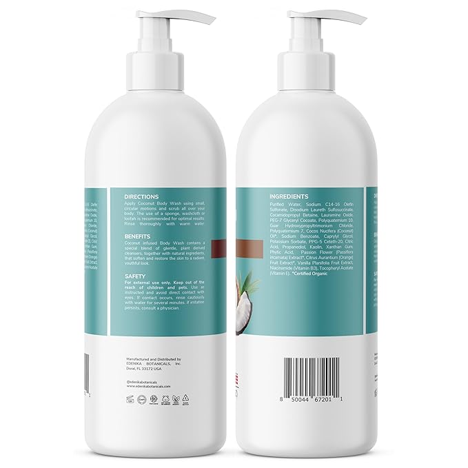 Coconut Body Wash, Cleans, Softens & Nourishes, Ultra Moisturizing Shower Gel for Dry and Sensitive Skin, Women & Men, Organic & Natural, 16 fl oz