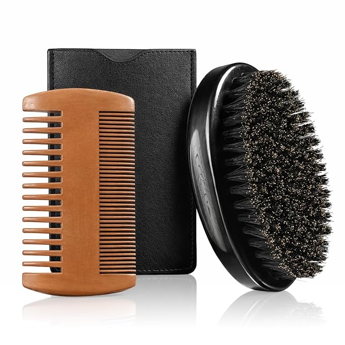 Boar Bristle Beard Brush for Men, Beard Comb Dual-Sided Wood Comb Mustache Shaving Brush Beards Grooming Tools with Travel Pouch