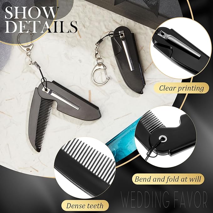 Nosiny 6 Pcs Beard Mustache Folding Comb With Keychain - Handmade Moustache Comb for Multifunctional Pocket Saw Cut Styling, Black