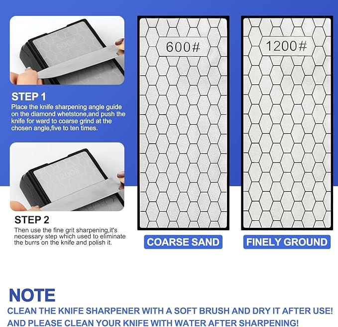 Double-sided Diamond Sharpening Stone,Knife Sharpening Stone with Extra Fine 1200/Coarse 600 Grit Diamond Plate, Storage Case with Non-Slip Base & Angle Guide(7 x 3.5 Inch)