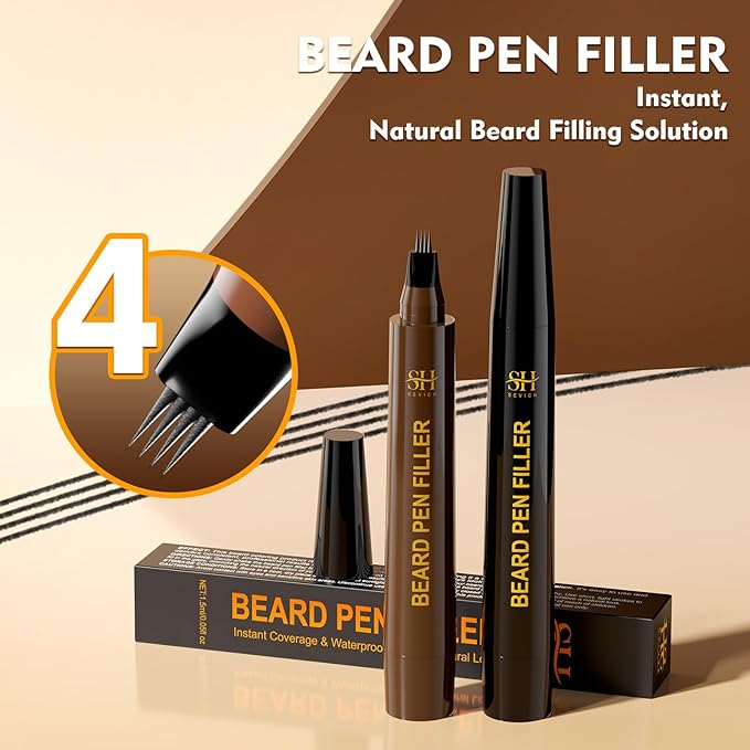Sevich Beard Pencil Filler for Men Black, Instant Beard Dye for Men,48h Waterproof & Sweatproof, 4-Prong Tip for Seamless Application, Enhances All Beard Types with Fuller