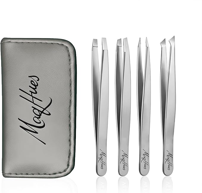 Fiber Tip Eyebrow Tweezers Set for Women & Men, 4 Pcs Professional Stainless Steel Tweezer Kit with Slant, Pointed, Flat & Pointed-Slant Tips for Facial Hair & Eyebrow Removal (Silver)