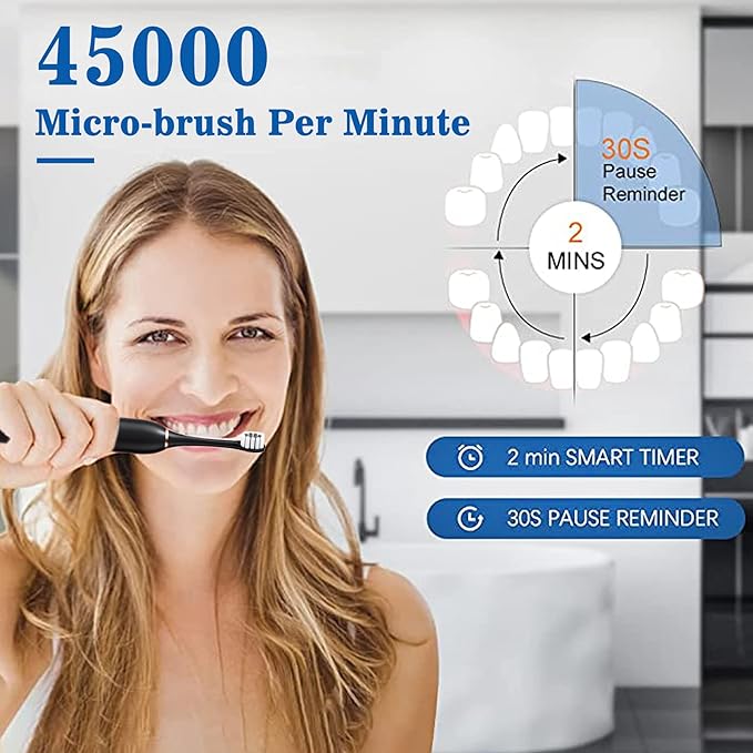 Electric Toothbrush with 8 Brush Heads, 42000vpm 6 Modes IPX7 Waterproof, Soft Electric Toothbrush for Adults - 2 Pack, Black+White