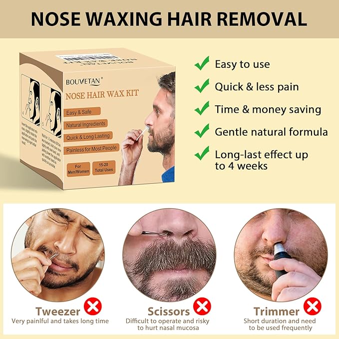 Nose Wax Kit Men Women, Bouvetan Nose Hair Waxing Kit with 100g Nose Hair Wax Beads (15-20 USES), 20 Applicator, 15 Mustache Protector, 10 Paper Cups, 1 Measuring Cup - Easy and Quick, Instant