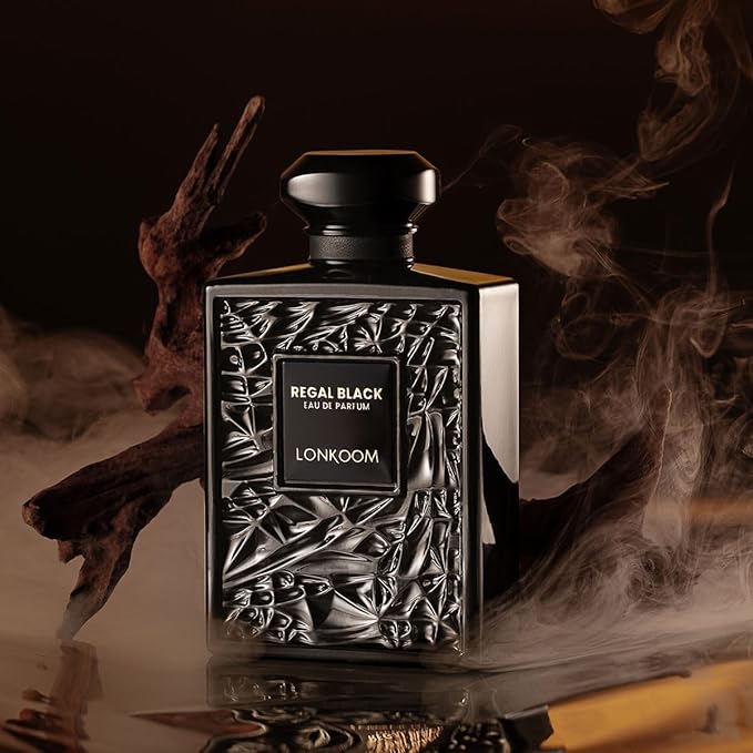 LONKOOM Regal Black Perfume for Men, Woody Spicy Eau De Parfum Spray Long-Lasting Fragrance Cologne 3.4 Fl Oz/100ml, Notes of Frankincense Black Pepper Bergamot Vetiver Papyrus Sandalwood Rose Saffron