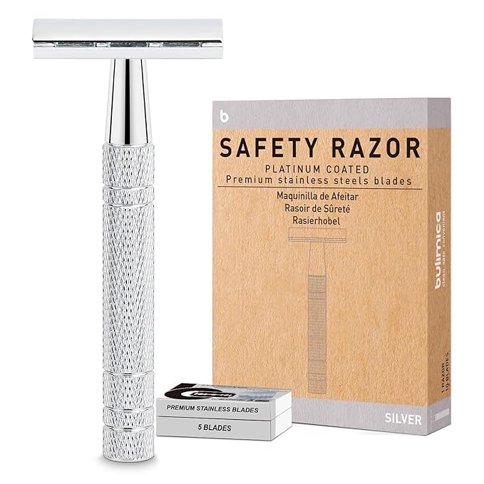 Double Edge Safety Razor for Men and Women, Single Blade Razors, with 10 Stainless Steel Blades, Reusable Metal Razor, Smooth and Close Shave, Sustainable, Plastic Free, Silver