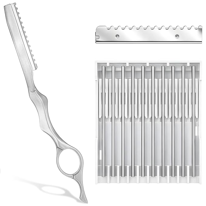 Hair Razor for Hair Cutting Stainless Steel Hairs Thinning Styling Razors with 10 Pcs Sharp Blades Suitable for Salon and Home Silver 17.5cm