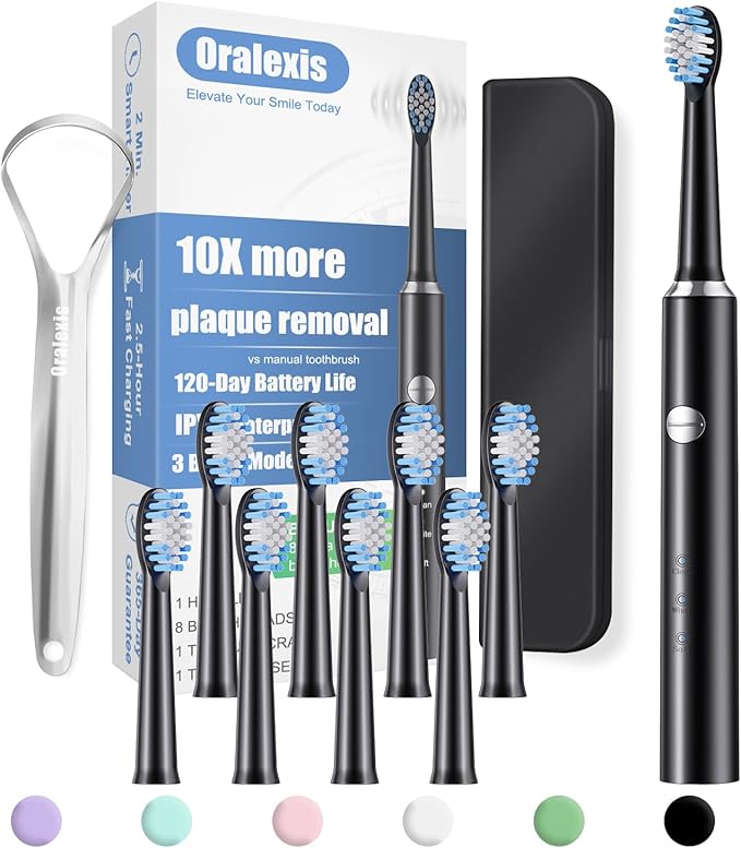 Electric Toothbrush for Adults and Kids, with 8 Brush Heads and Tongue Scraper, 2 Minute Smart Timer, One Fast Charge Last 120 Days, 40000 VPM Deep Clean, Sonic Travel Toothbrush - Black