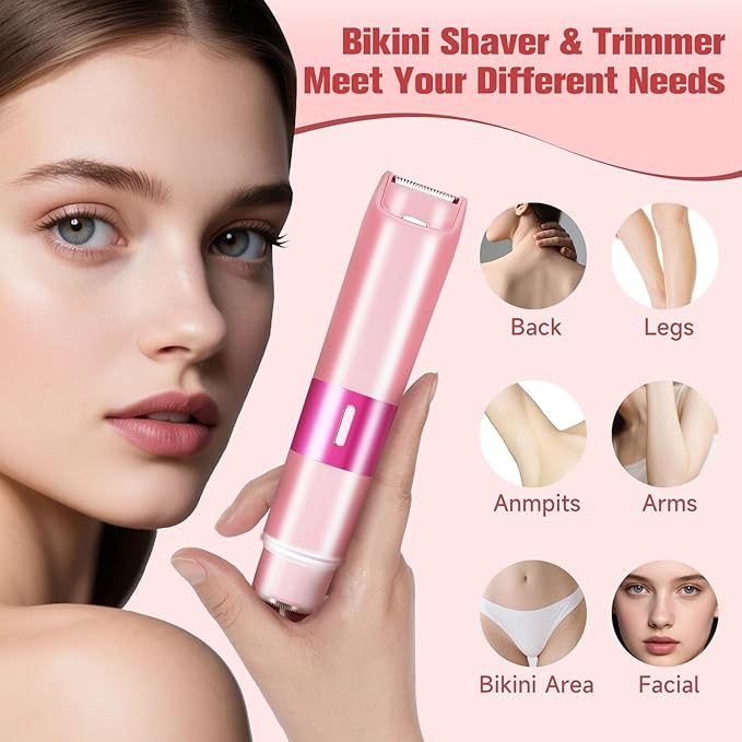 Bikini Trimmer for Women, 2 in 1 Electric Razor with LED Light, Rechargable Dual Head Electric Shaver Body Hair Remover, Painless Wet/Dry Use for Women Girls Travel