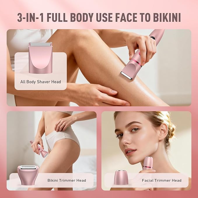 Bikini Trimmer for Women, 3-in-1 Electric Razor for Women, IPX7 Waterproof Rechargeable Cordless Pubic Hair Shaver, with LED Display, for Ladies Bikini Pubic, Face, Underarms, Legs(Rose Gold)