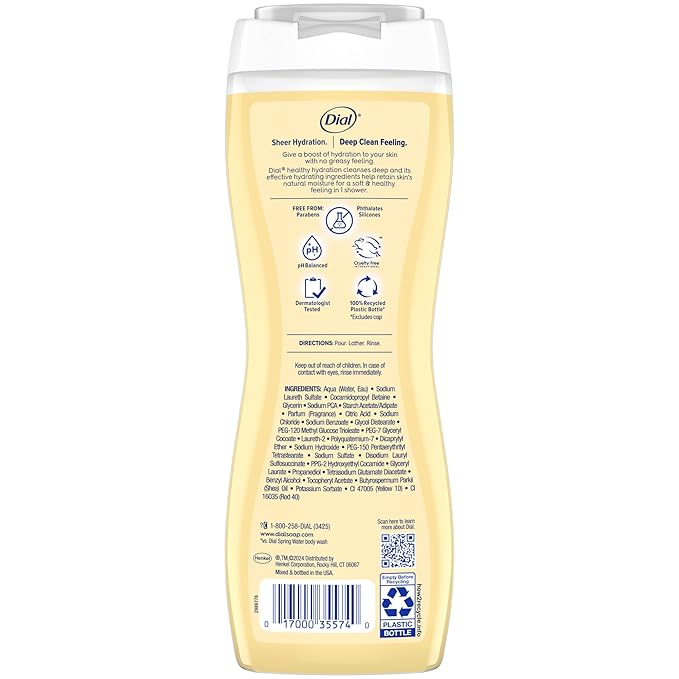 Dial Body Wash, Healthy Hydration, Shea Butter Extract + Vitamin E, 16 fl oz (Pack of 4), Gentle, Leaves Skin Feeling Soft In 1 Shower, Dermatologist-Tested, No Parabens & Silicones