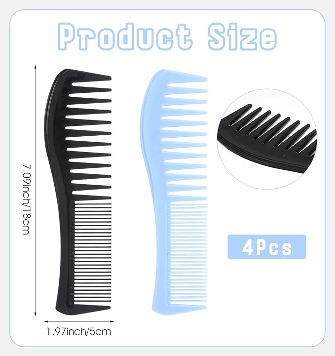 4 Pcs Boys Comb, 2-In-1 Plastic Comb, Wide and Fine Double Tooth Black Combs & Blue Combs for Men, Women All Hair Types, Beard and Mustache (2 Colors)