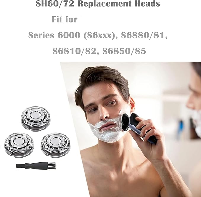 SH60/72 Replacement Shaver Heads Compatible with Philips Series 6000, SH60 Shaving Heads Compatible with Norelco S6880/81, S6810/82, S6850/85, 3-Pack with Cleaning Brush