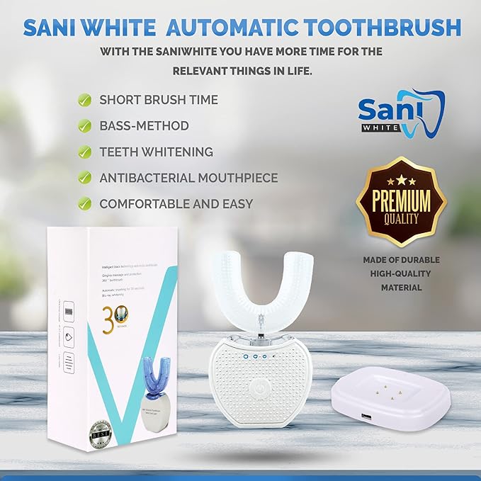 Sani White Ultrasonic Toothbrush, Ortho Sparkle Sonic Glow Brush, 360 Brite Toothbrush Adult U Shaped Ultrasonic Tooth Cleaner Teeth Whitening Light Electric Automatic Hands Free