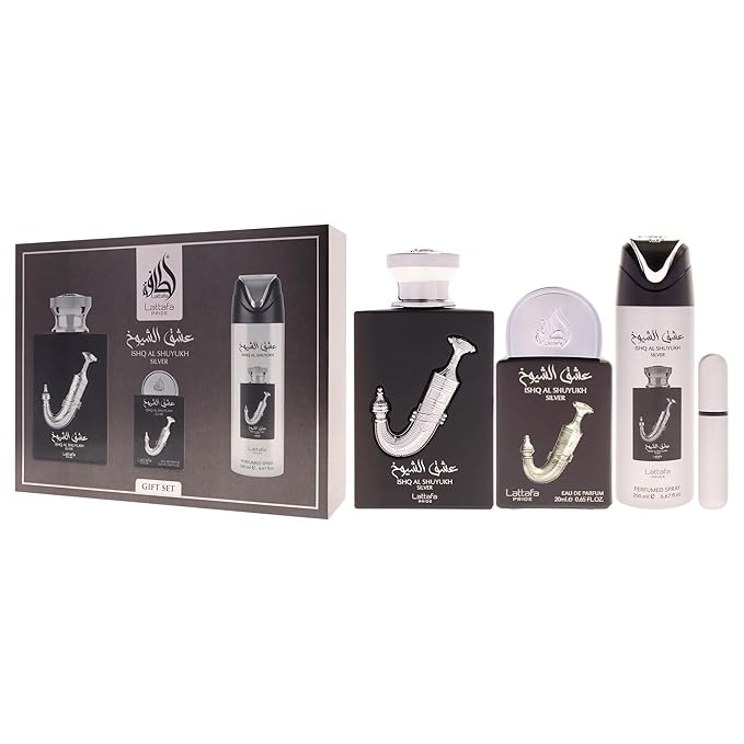 Lattafa Pride - Ishq Al Shuyukh Silver for Men - 3 Pc Gift Set 3.4oz EDP Spray, 6.67oz Perfumed Body Spray, 0.67oz EDP Spray