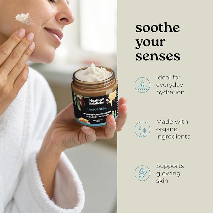 Healing Solutions - Whipped Tallow Balm, 100% Grass Fed/Grass Finished Beef Tallow with Organic Jojoba & Manuka Honey for Skin, Face & Body, All Natural Moisturizer Cream, Made in USA