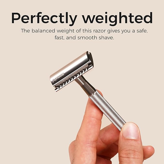ZOMCHI Double Edge Safety Razor for Men & Women, Eco-Friendly Metal Shaver with 5 Refill Blades, Reusable Manual Razor for Smooth Close Shave – Matte Silver