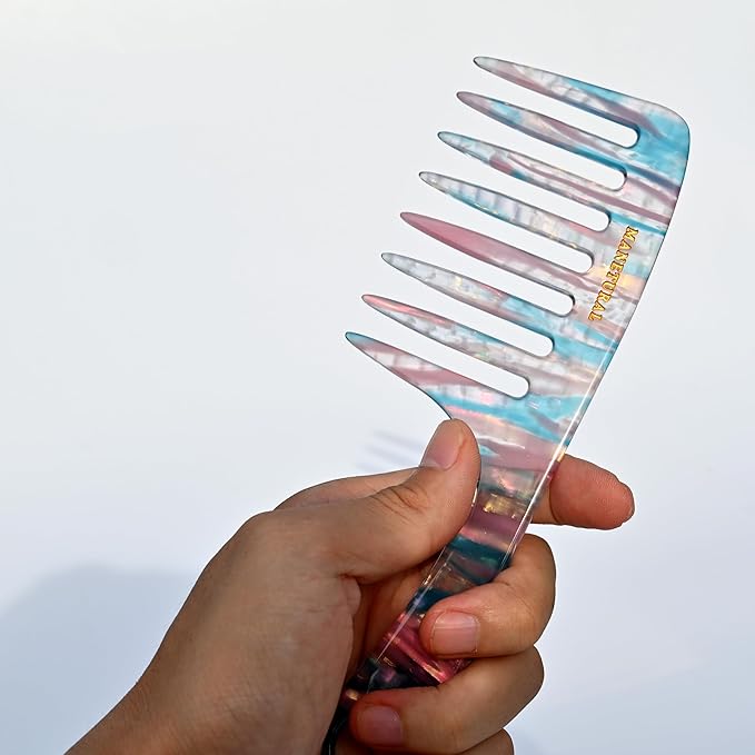 D1 | Wide Tooth Handle comb for Curly Hair| Elevates, Preserves Curl, Eliminates frizz| Acetate comb(Blue Pink)