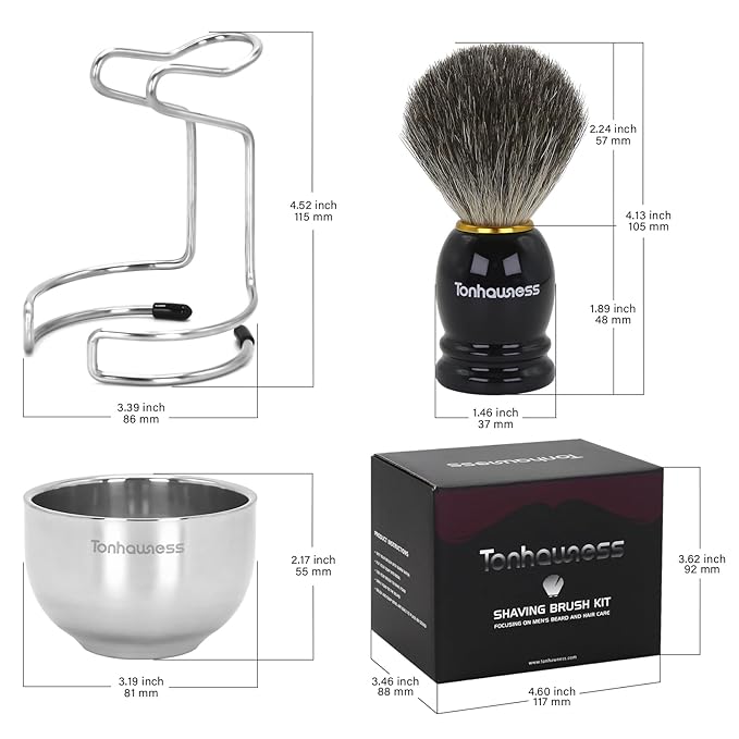 Shaving Brush Kit for Men, 3 in 1 Shave Brush Set Includes Pure Badger Hair Shaving Brushes, 3 Layers Stainless Steel Shaving Bowl and Stand Set for Wet Shave Gift