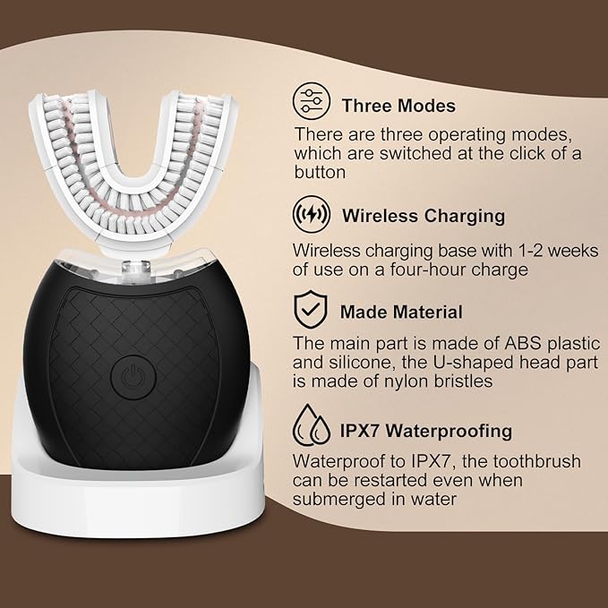 Electric Toothbrush for Adults,360 Degree Cleaning Sonic Toothbrush, U Shaped Tooth Brush has 23760 Nylon Bristles, Sonic Automatic with 3 Modes Standard, Fast, Ultra Fast(Black)