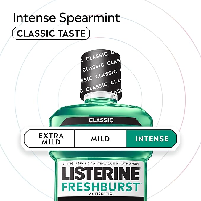 Listerine Freshburst Intense Antiseptic Mouthwash for Bad Breath, Kills 99.9% of Germs that Cause Bad Breath & Fight Plaque & Gingivitis, ADA Accepted Mouthwash, Intense Spearmint, 250 mL