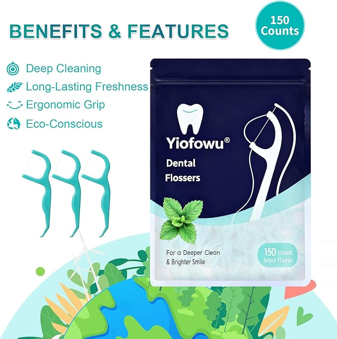 Dental Flossers, Teeth Flossers, 5 Pack of 150 Picks, Floss Picks, Minty Flavor, Recycled Plastic, Super Strong Thin Floss, Tight Teeth, Toothpicks, Gentle on Gums & Teeth
