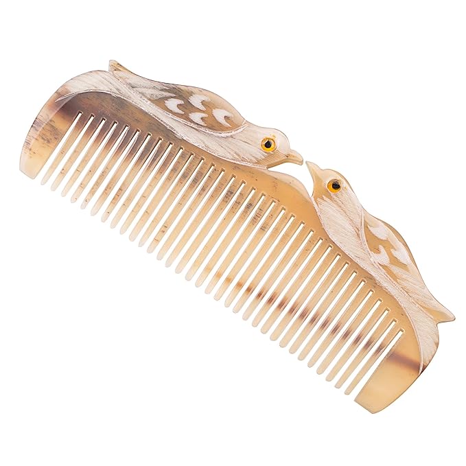 Natural Buffalo Horn Comb - Anti-Static Hair Care, Vietnamese Handmade Lovebirds Gift, Symbol of Love & Peace for Women