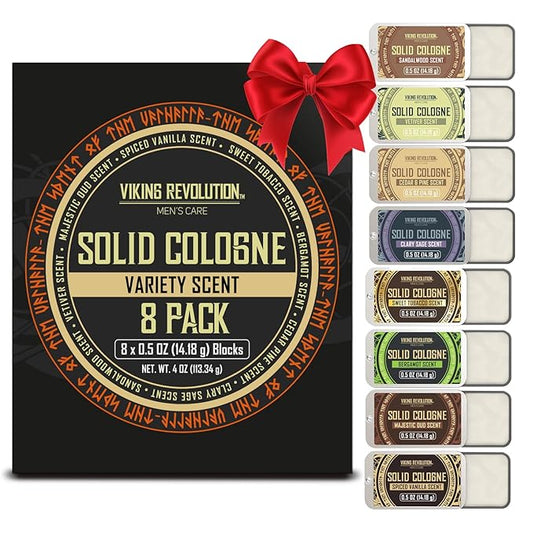 Viking Revolution 8 Pack Solid Cologne for Men - Men's Cologne Gift Set Including Sandalwood, Vetiver, Sweet Tobacco, Clary Sage, Spiced Vanilla, Cedar Pine - Travel Size Gifts for Men (0.5 Oz each)
