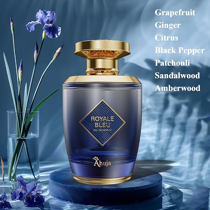 AHUJA Royal Bleu Eau De Parfum for Men 3.4 fl oz – Long Lasting Fresh Citrus, Grapefruit & Ginger Scent w/Deep Woody Notes – Elegant Daily Wear Perfume & Gift