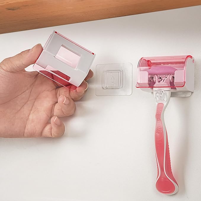 LUEXBOX 2 Pack Razor Holder with Cover for Shower Wall, Self Adhesive Razor Stand Shaver Organizer, Plastic Razor Hanger Hooks Compatible with Fusion 5 Proglide, Mach 3 Classic (Clear Pink)