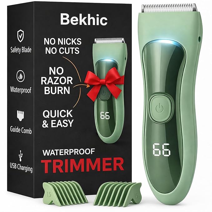 Bekhic® Bikini & Manscape Body Hair Trimmer for Men & Women – Cordless Electric Groin Shaver with No-Nick Ceramic Blade – IPX7 Waterproof Wet/Dry Pubic Groomer with LED Light for Sensitive Skin