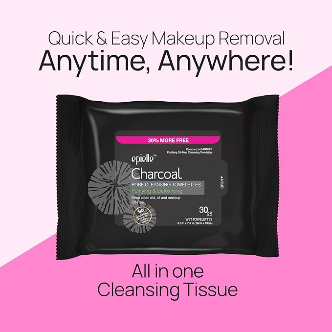 Epielle Charcoal Makeup Remover Wipes, Pore Cleaning Facial Cleanser Towelettes, Purifying & Detoxifying, Remove Dirt, Oil, Waterproof Mascara, Stocking Stuffers, 30 Count (Pack of 6)