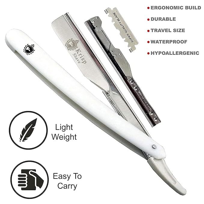 Professional Straight Razors For Men - Barber Razor Straight Edge Razor Kit For Close Shave - Beard Cut Throat Safety Razor Navajas Para Barbero Shavette - 10 Shaving Blades By Krisp Beauty White