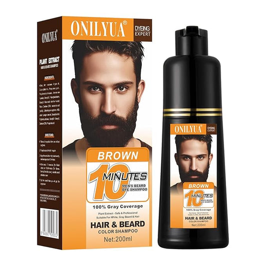 Men's Brown Beard Dye, Dark Brown Hair Dye for Gray Hair Coverage, 3 in 1 Hair Dye Shampoo, Mustache & Beard Dye for Men, Quick & Easy to Use at Home, Long Lasting Beard Color for Men 200ML