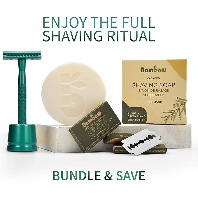 Bambaw Men Safety Razor with 5 Double Edge Safety Razor Blades, Single Blade Razor for Men & Women, Plastic Free Stainless Steel Razor - Sea Green