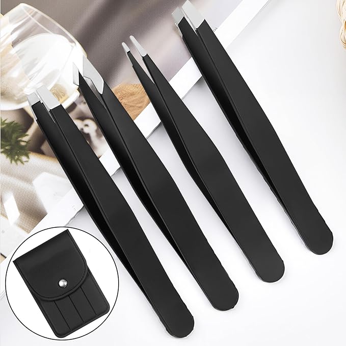 [4+1 Pack] Precision Tweezers Set with Travel Case, Professional Stainless Steel Eyebrow Tweezers for Women & Men, Multi-Purpose for Facial Hair & Ingrown Hair Removal