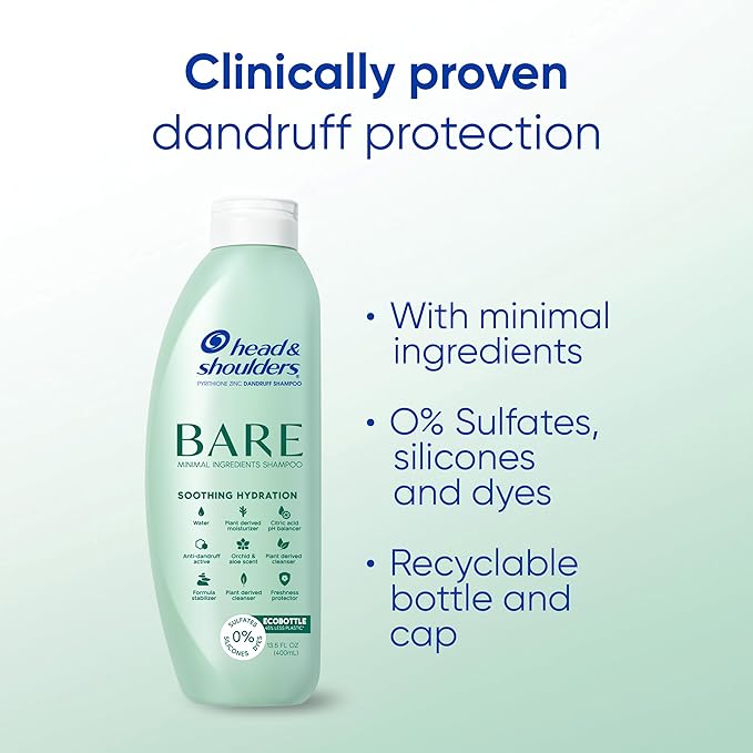 Head & Shoulders Anti-Dandruff Shampoo, BARE Soothing Hydration Twin Pack, 1% Pyrithione Zinc, Dry Scalp Relief, Free of Sulfates, Silicones, Dyes, 13.5 fl oz Each