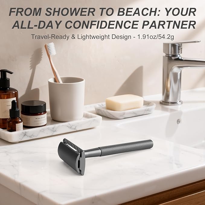 Safety Razor for Men & Women - Double Edge Single Blade Razor with 10 Blades, Reusable One Blade Razor for Close Shave (Mens & Womens Razor, Eco-Friendly)-Black