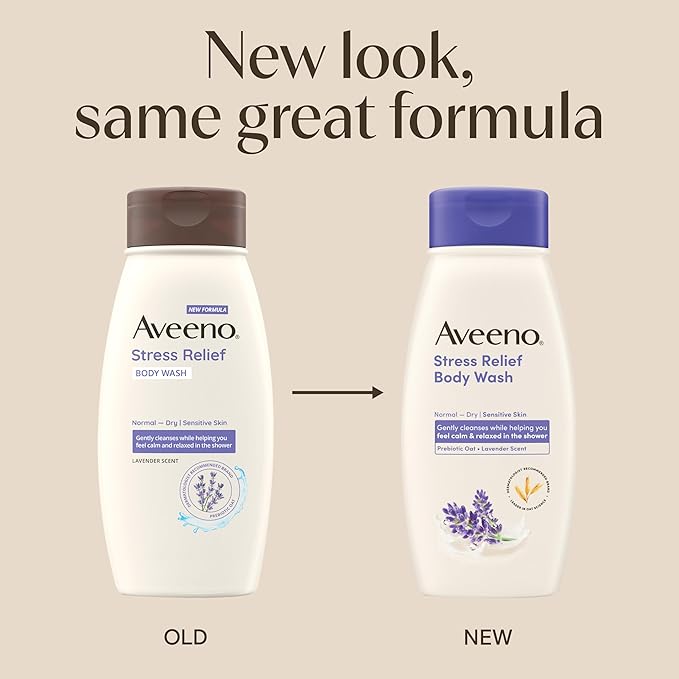 Aveeno Stress Relief Body Wash with Nourishing Oat & Lavender Scent for Sensitive Skin, Gently Cleanses & Helps You Feel Calm & Relaxed in the Shower, Soap-Free, 18 fl. oz